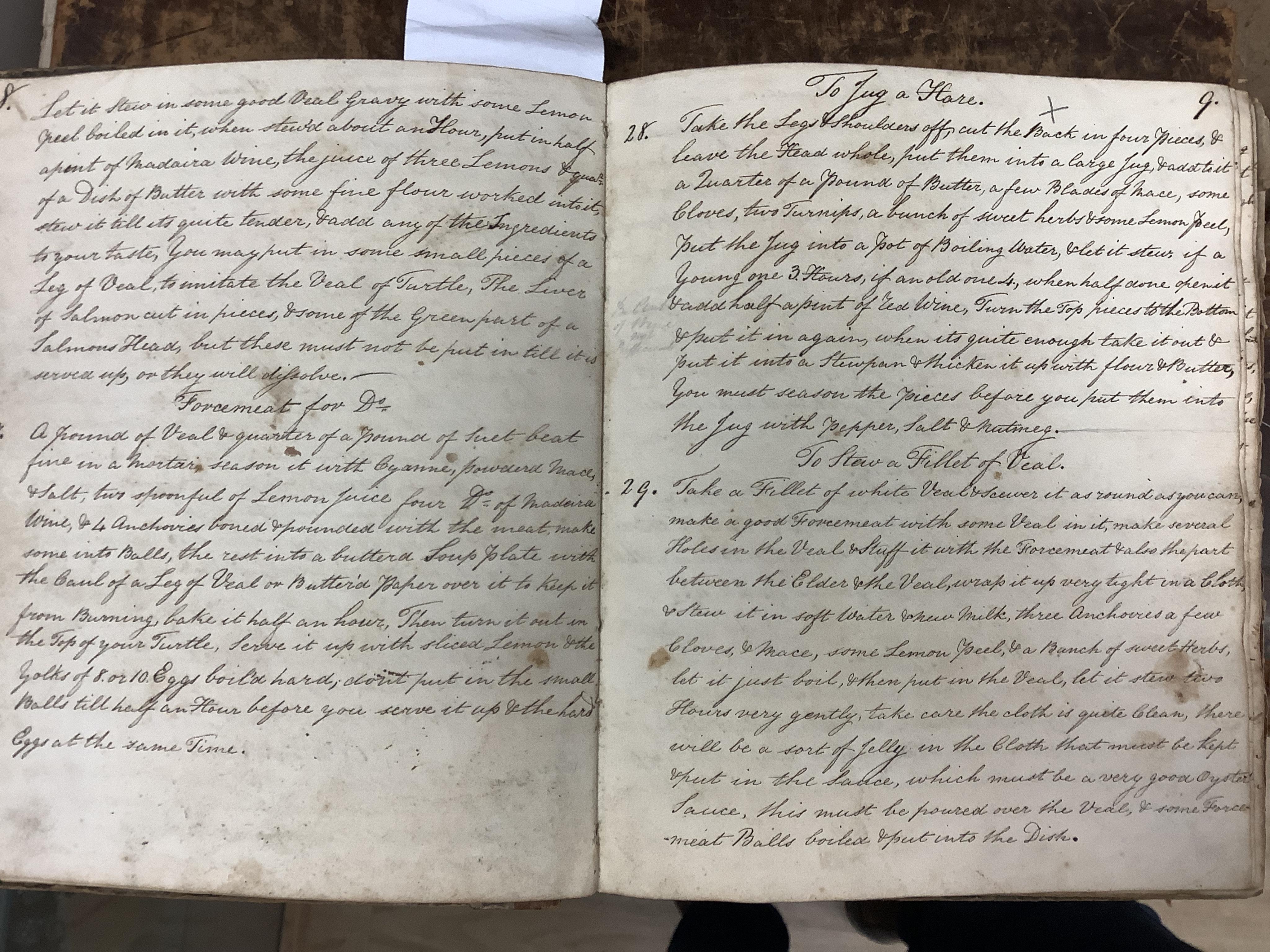 Mrs. Cliff's Receipt Book 1820; approx. 80pp ms. cookery recipes - meat, fish, desserts, some pickling and wines, etc. (including bread and cakes); contemp. leather backed marbled boards, 4to.; sold together with some ot
